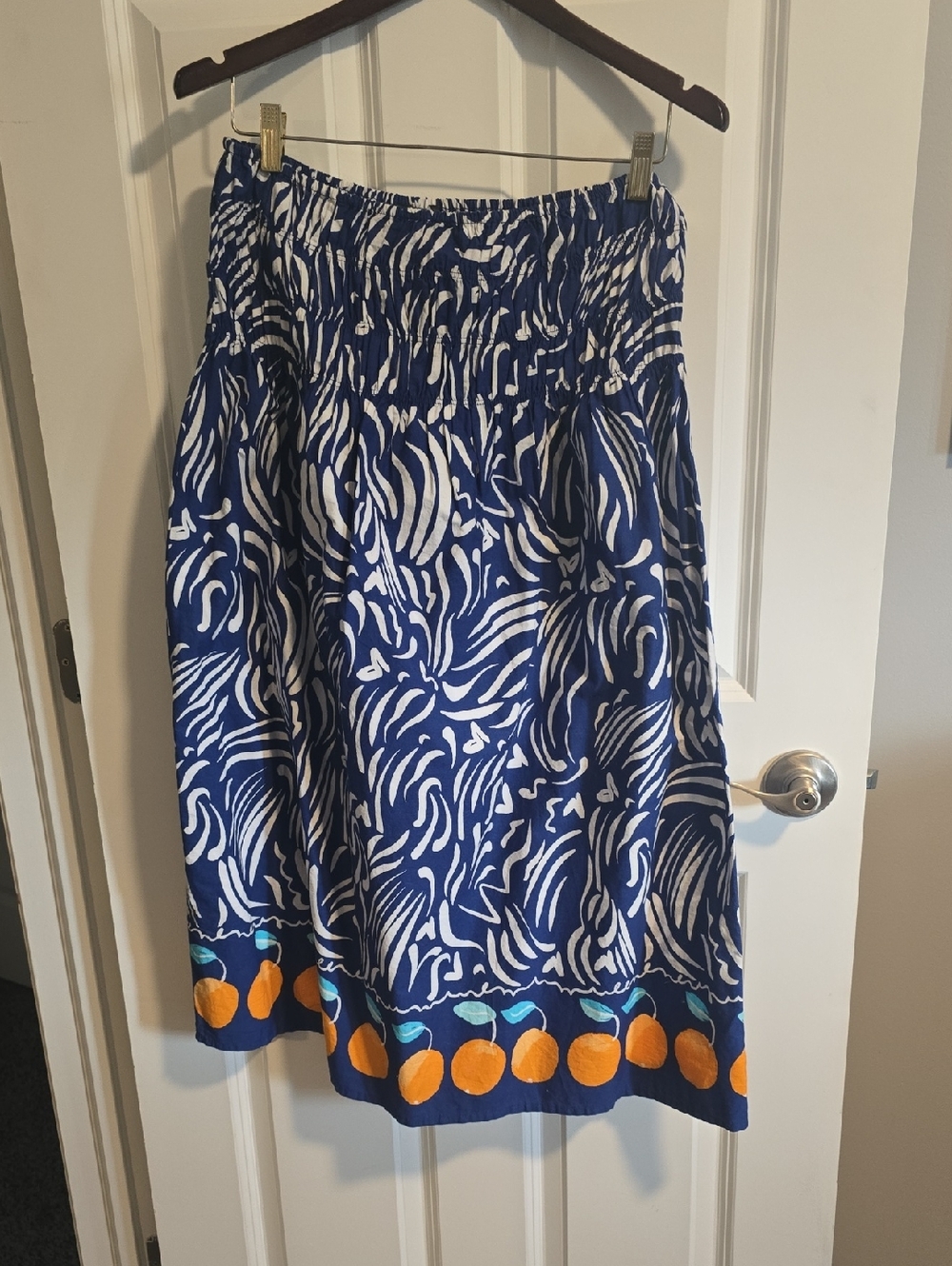 Primark Blue and White Printed Midi Skirt with Orange Border